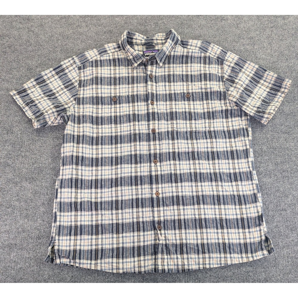 Patagonia Mens XL Blue Plaid Hemp Organic Cotton Short Sleeve Shirt 53139 SP25